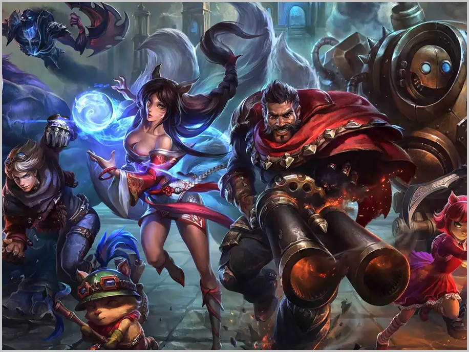 Groep fantasy kampioenen in een competitieve game-illustratie